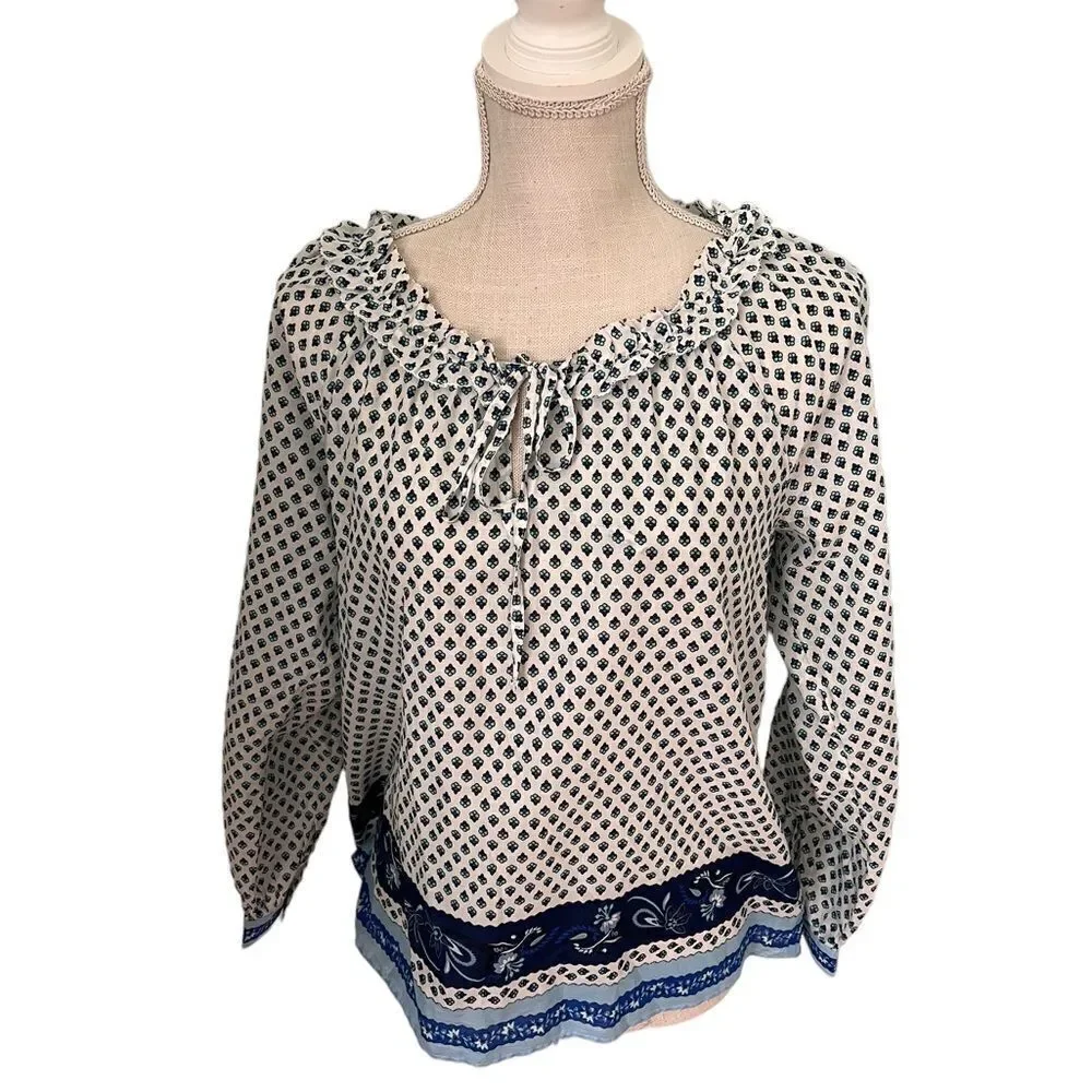 J.CREW white with blue ribbon block print tie-front ruffle top S